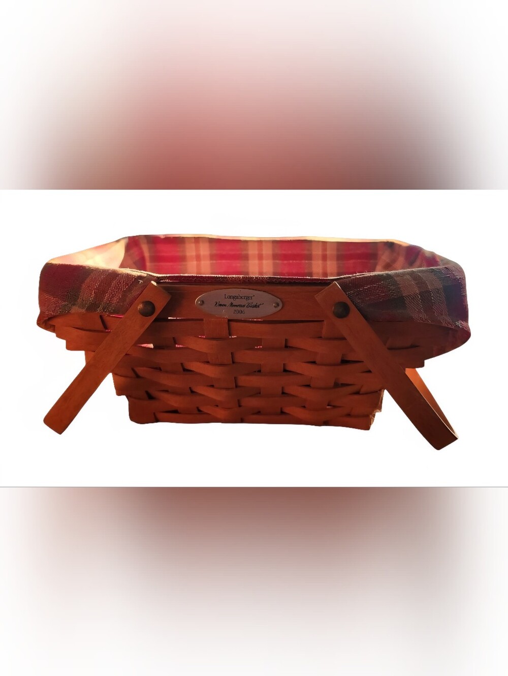 Longaberger Brown Woven Basket with Red Plaid Liner
